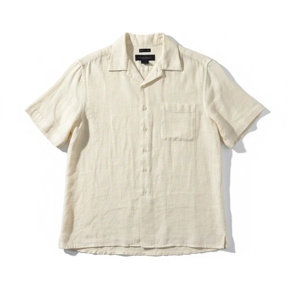 Banana Republic Irish Linen Camp Collar Shirt Cream Small Short Sleeve Preppy